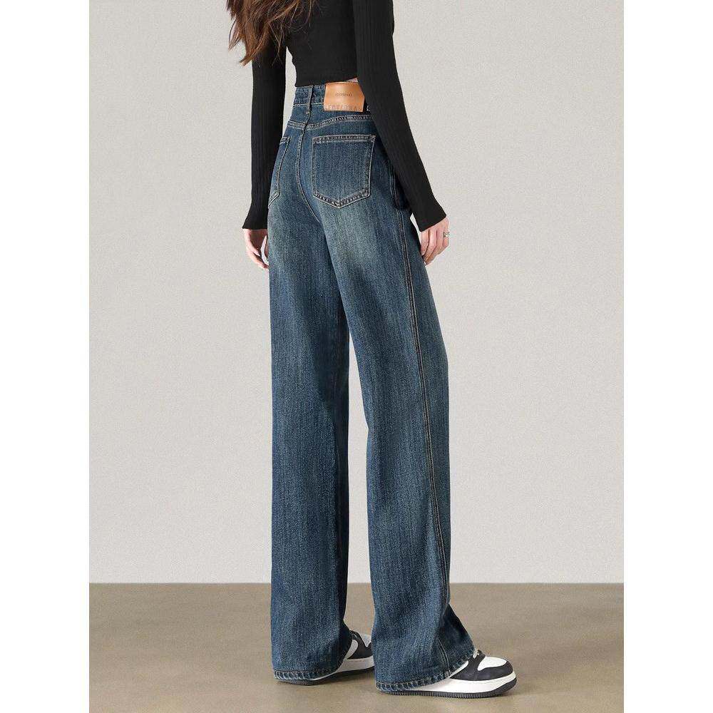 阔腿牛仔裤女高腰宽松2025春秋新款小个子垂感覆古窄版直筒拖地裤