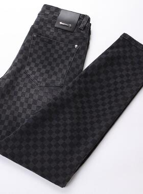 高端水洗黑灰色格子牛仔裤男修身弹力欧货潮牌时尚小脚裤2025新款