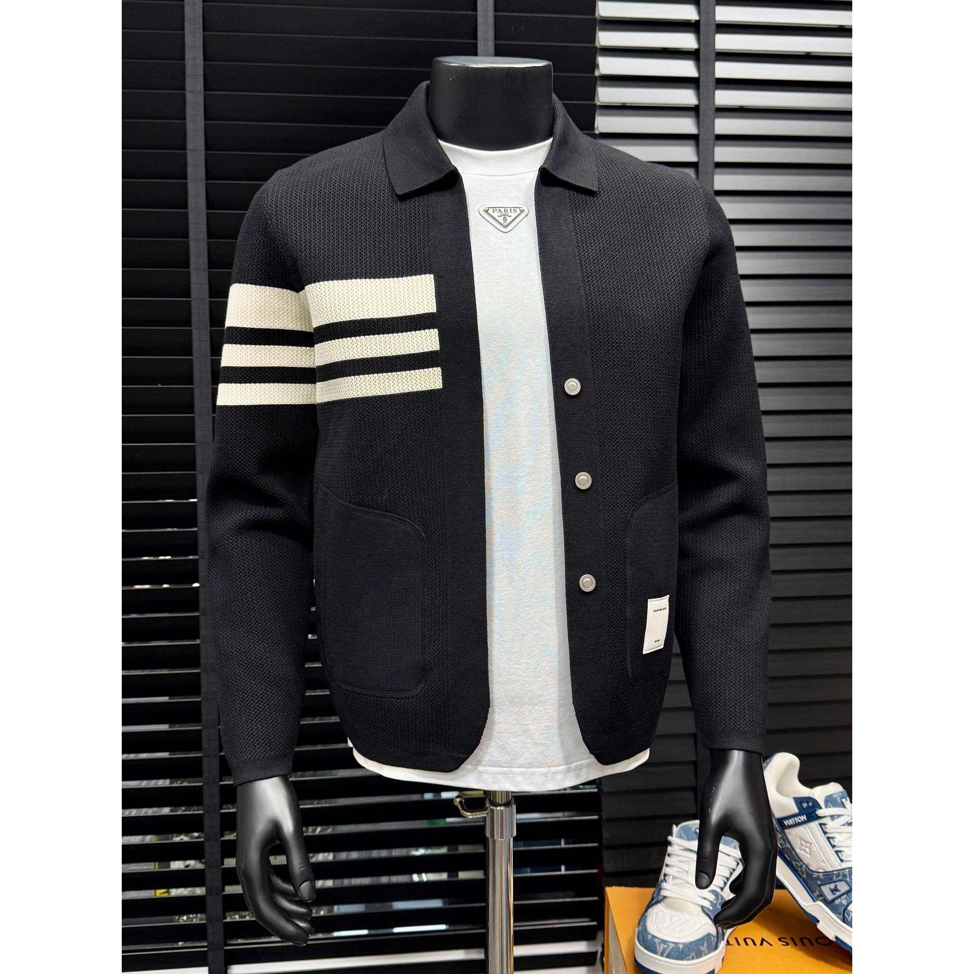 欧洲站轻奢条纹针织开衫男士时尚休闲毛衣老钱风修身商务短款外套