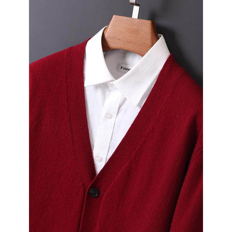 TWG山羊绒衫开衫外套男秋冬新款V领羊毛针织衫毛衣上衣本命年红色