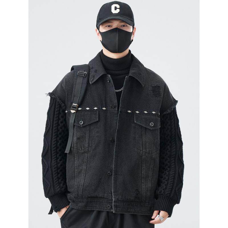 潮牌覆古水洗牛仔羽绒服男士冬季设计感重工针织拼接翻领夹克外套,男装,牛仔外套,淘宝优惠券,粉丝福利购,淘宝优惠卷