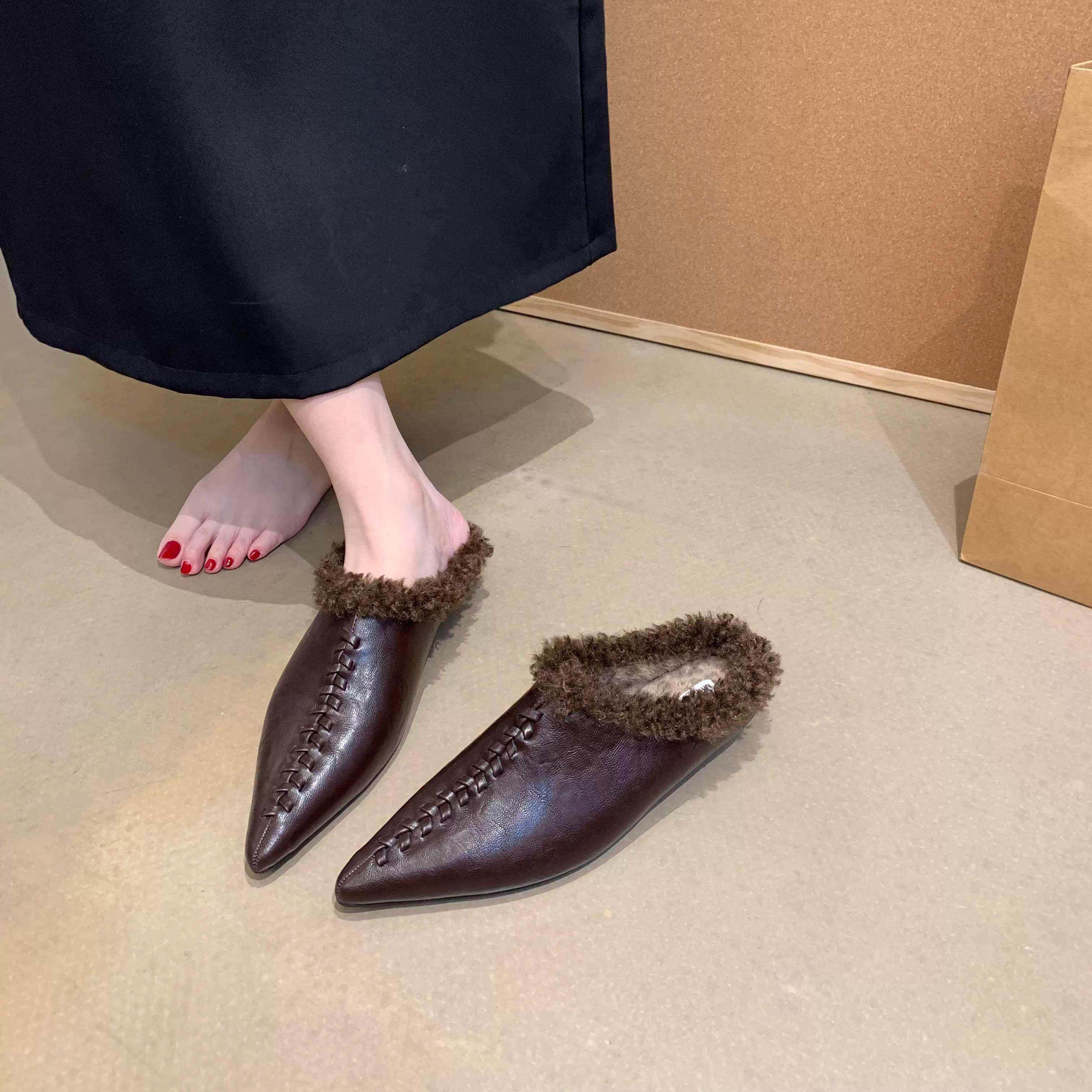 潮牌欧货包头半拖鞋女款高级感加绒保暖一脚蹬穆勒尖头晚风毛毛鞋,女鞋,包头拖,淘宝优惠券,粉丝福利购,淘宝优惠卷