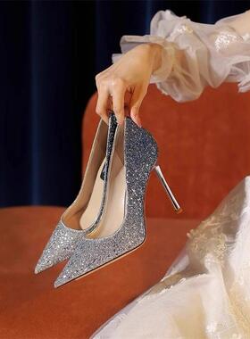 Craes Kally 贵气通勤！渐变亮片高跟鞋女士尖头气质细跟新娘婚鞋