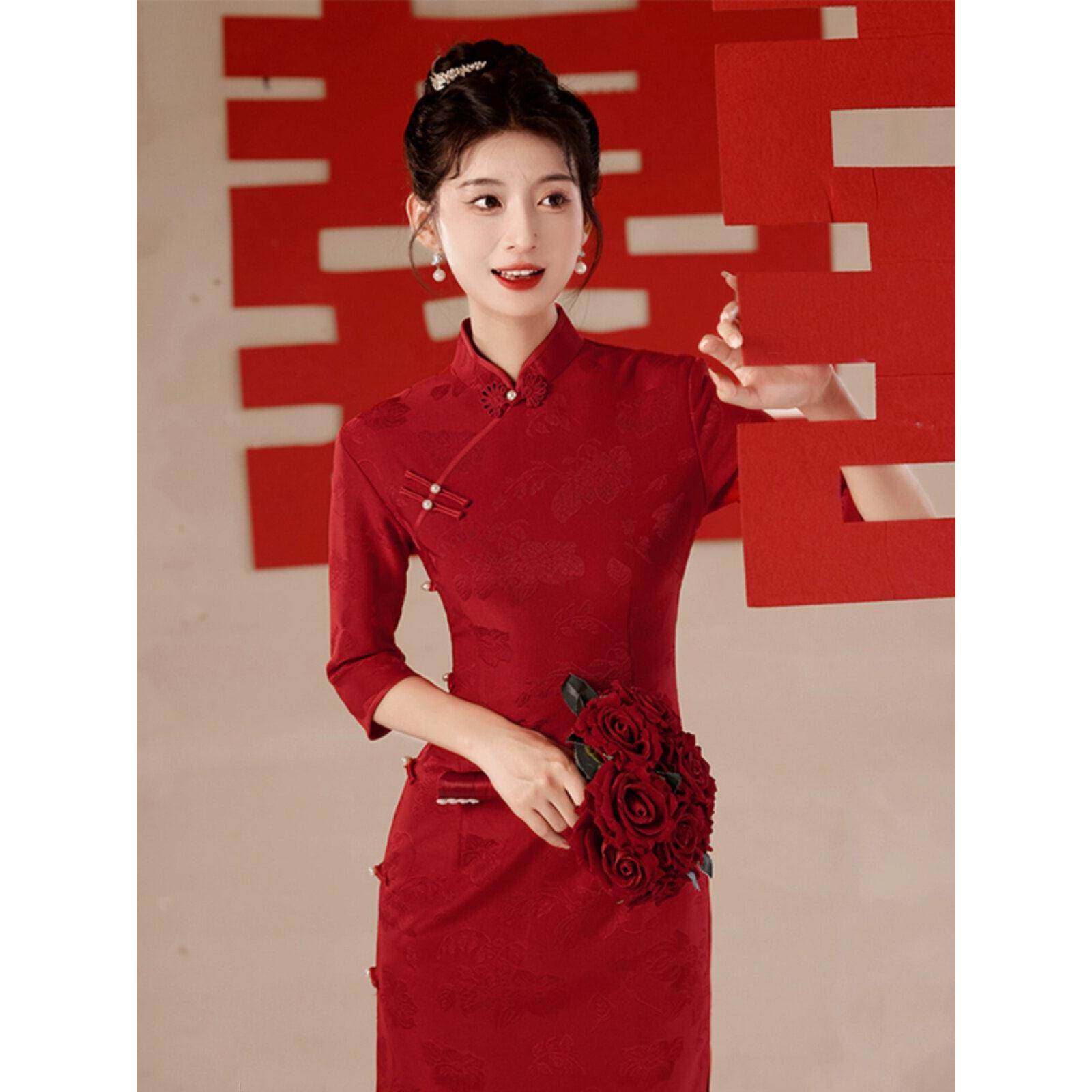 Ocnltiy七分袖红色旗袍连衣裙女春秋结婚订婚回门敬酒服新娘礼服