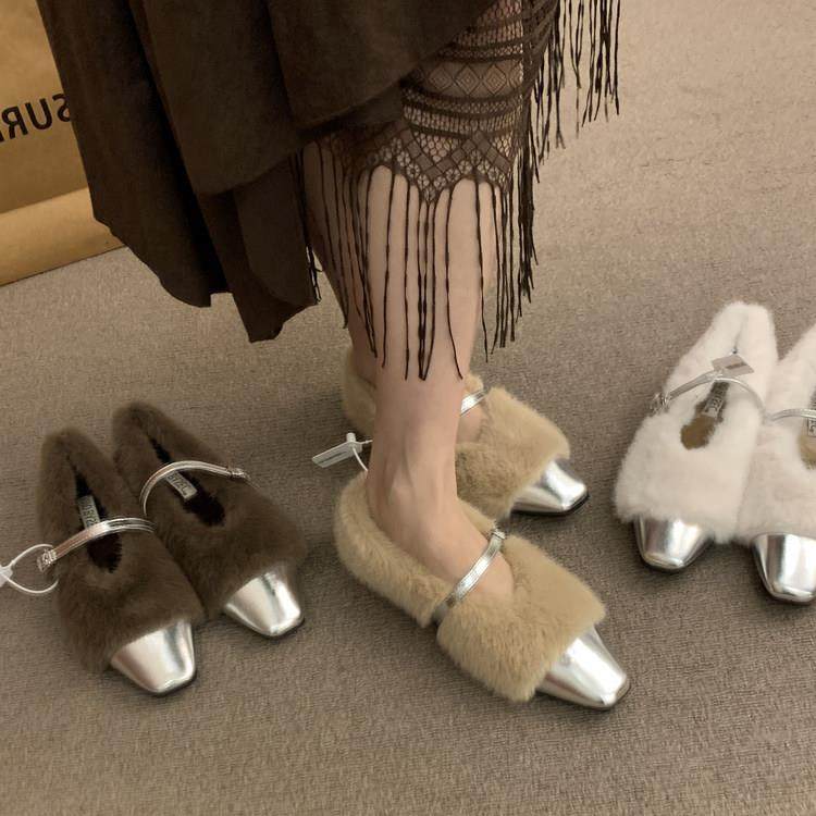 香港小香风平底尖头玛丽珍毛毛鞋女外穿2025冬季新款加绒保暖棉鞋