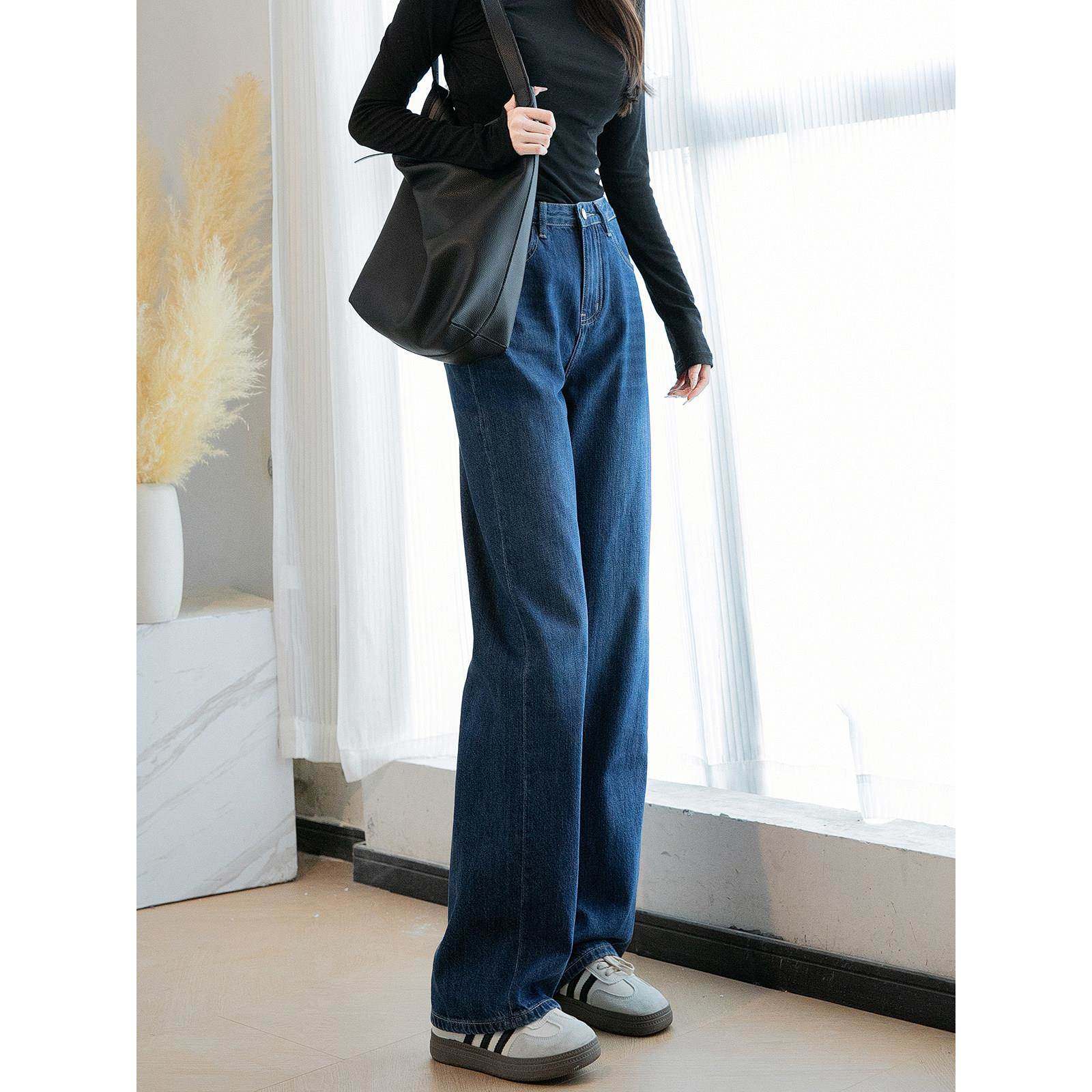 法国Rouje Dsyle深蓝色牛仔裤女直筒宽松小个子深色覆古阔腿裤子