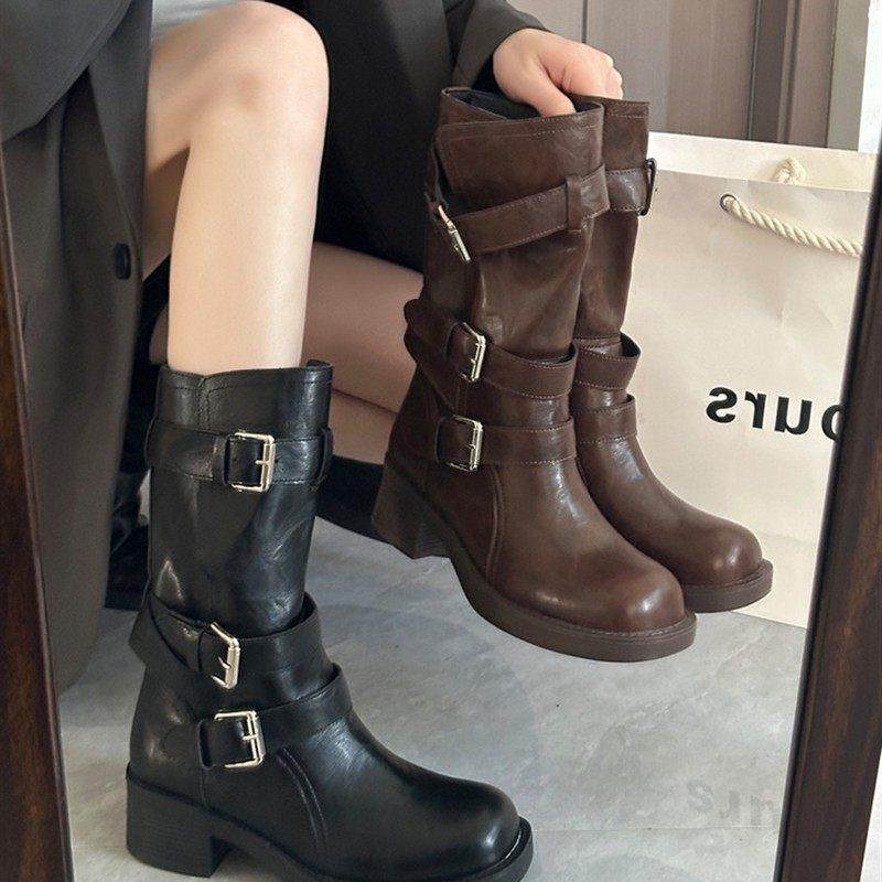 中筒马丁靴女款2025新款秋季英伦风皮带扣西部牛仔厚底粗跟短靴子