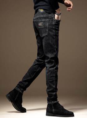 palm city潮牌黑灰色男士牛仔裤春秋新款弹力修身小脚休闲长裤子