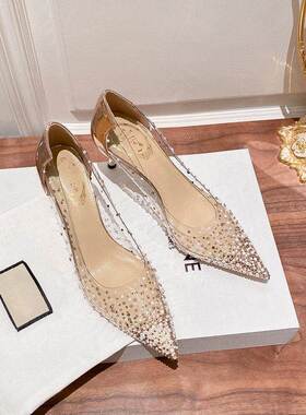 Craes Kally酷女神风格！水晶透明高跟鞋妇女的尖头闪闪发光的钻