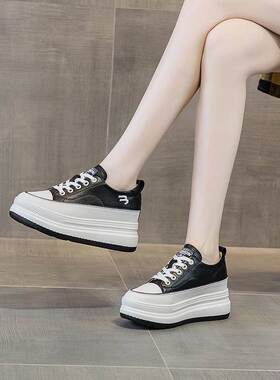 网红爆款黑色板鞋女内增高8CM秋透气真皮单鞋休闲运动旅游小皮鞋