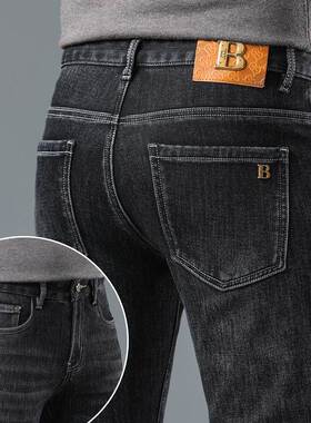 欧洲站黑色牛仔裤男款秋冬季加绒加厚弹力修身直筒休闲男士长裤子