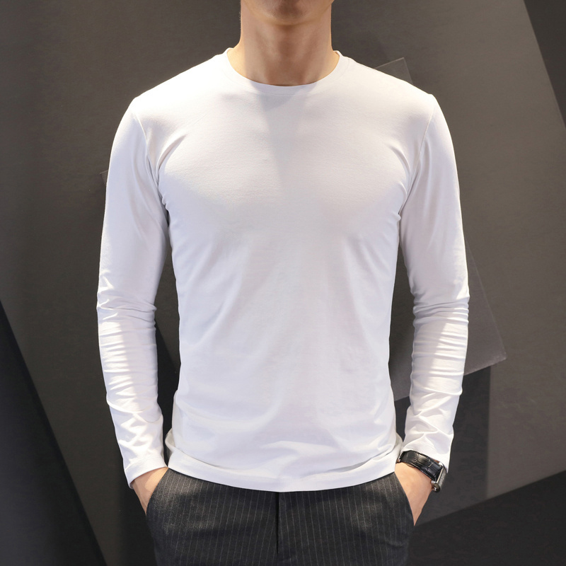春秋季男士长袖T恤圆领修夏季薄款衣服白色纯棉高端纯色打底衫男