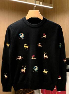 Mostarsea~麋鹿刺绣！潮流个性毛衣男士秋冬款修身圆领上衣针织衫