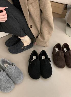 潮牌毛呢灰色内增高勃肯鞋厚底加绒保暖棉鞋毛毛鞋女外穿毛毡单鞋