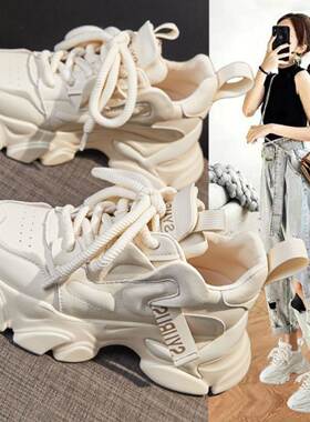 香港真皮老爹鞋女2025秋季流行新款爆款松糕厚底小个子运动休闲鞋