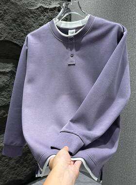 MAROLIO~专注品质！时尚设计感亨利领卫衣男纯色假两件套头打底衫