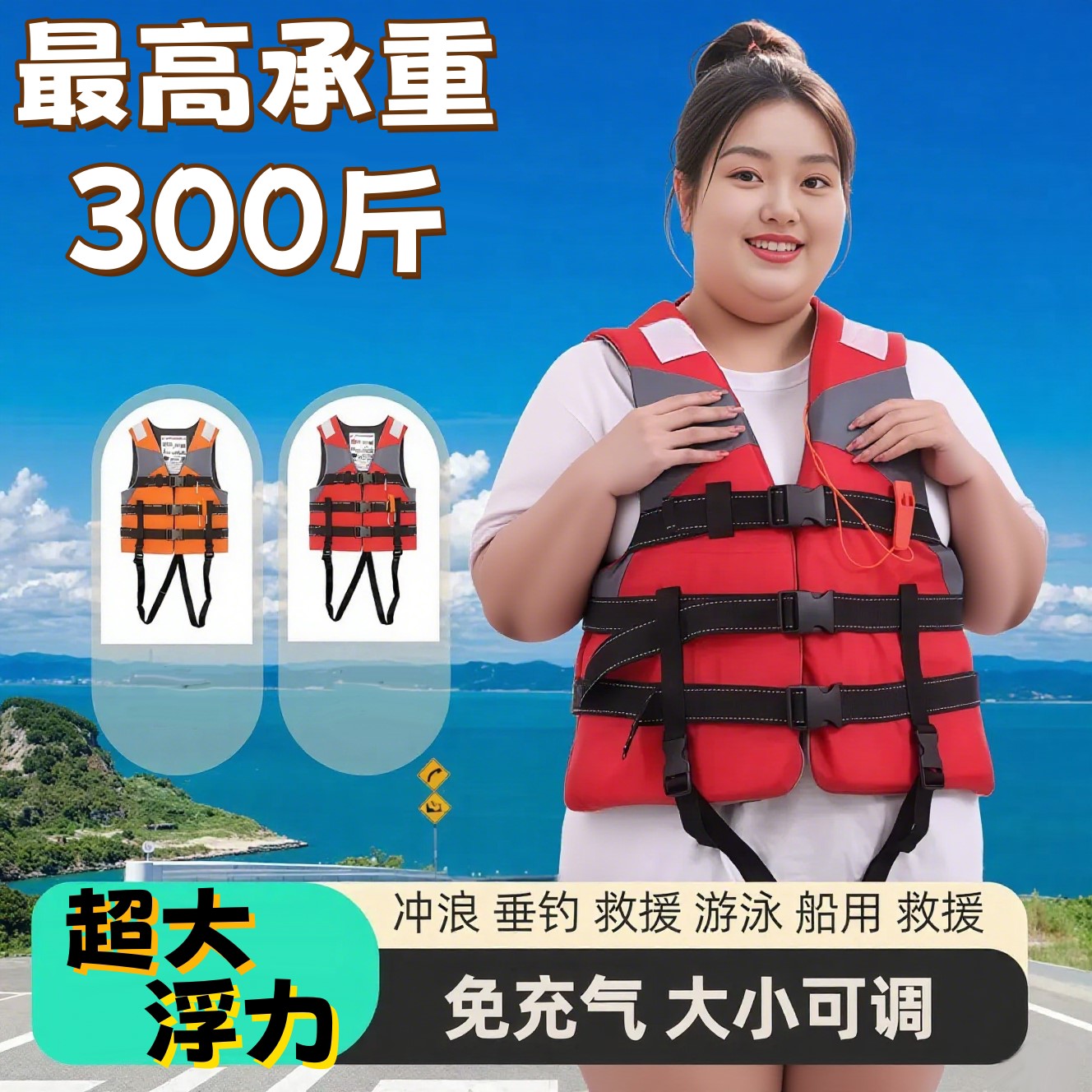 救生衣成人大浮力300斤救生衣便携式防溺水救生衣成人大浮力大码