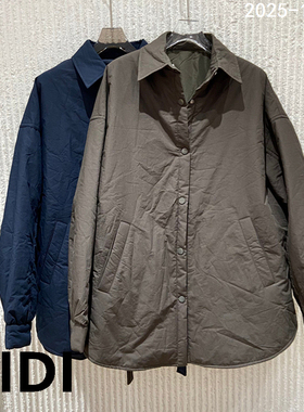 欧洲站2025冬季新款翻领单排扣系带收腰衬衫款棉服女外套06266