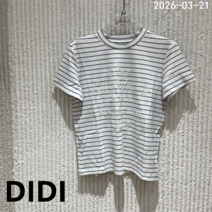 短袖 刺绣字母圆领条纹T恤女时尚 上衣030508 新款 欧洲站2026春季