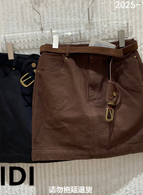 欧洲站2025秋冬季新款时尚腰带高腰显瘦加绒牛仔裙女短裙251033