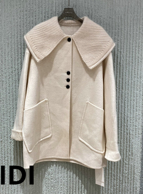 欧洲站2025秋冬季新款针织大翻领单排扣羊毛大衣女毛呢外套251091