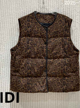 欧洲站2025冬季新款拼色边圆领豹纹羽绒服马甲女保暖外套25295