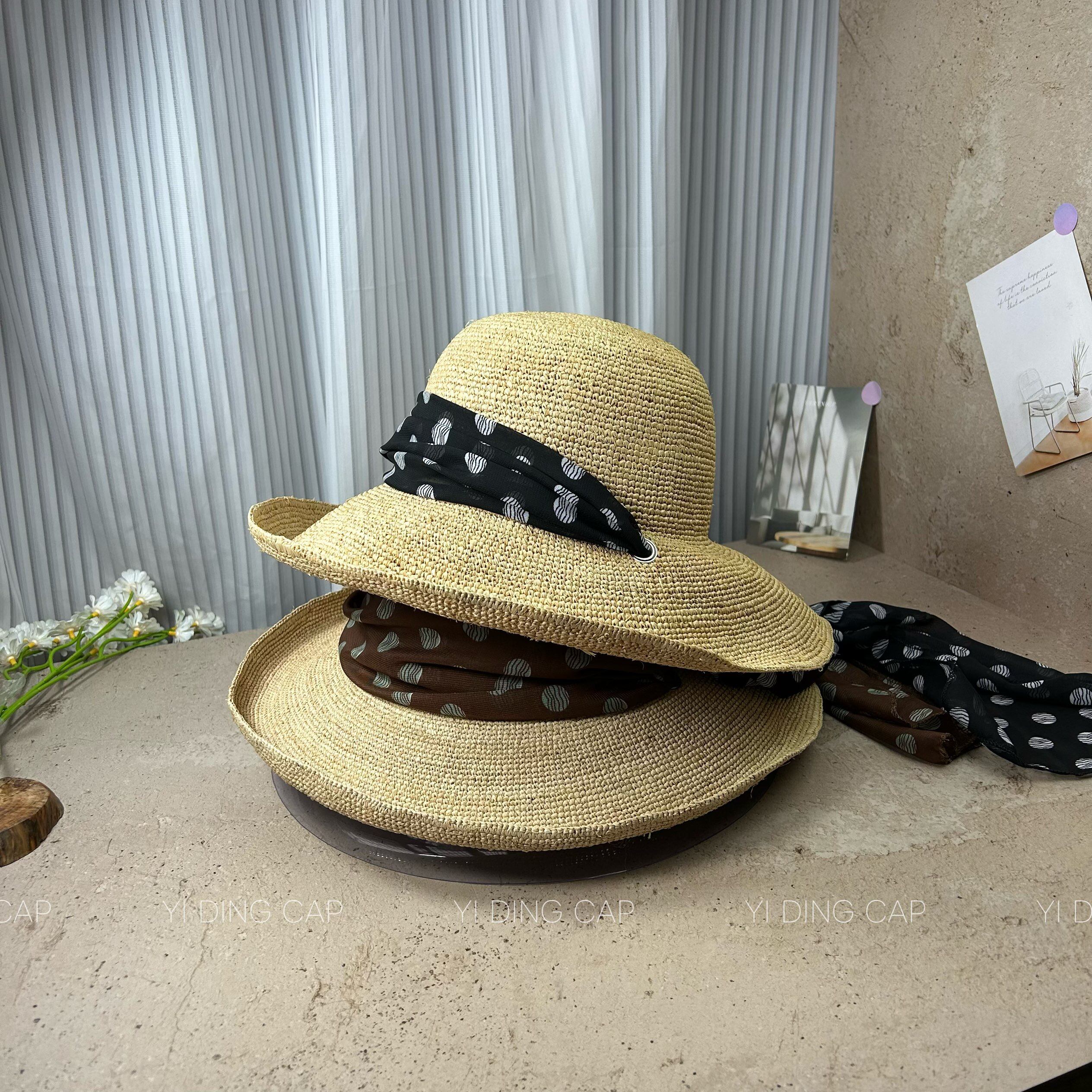 钩针拉菲草-波点长飘带卷边渔夫帽女夏季显脸小防晒草帽百搭盆帽