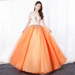 韩版一字肩花朵刺绣网纱长裙女演出晚礼服蓬蓬裙重工艺大摆艺考裙