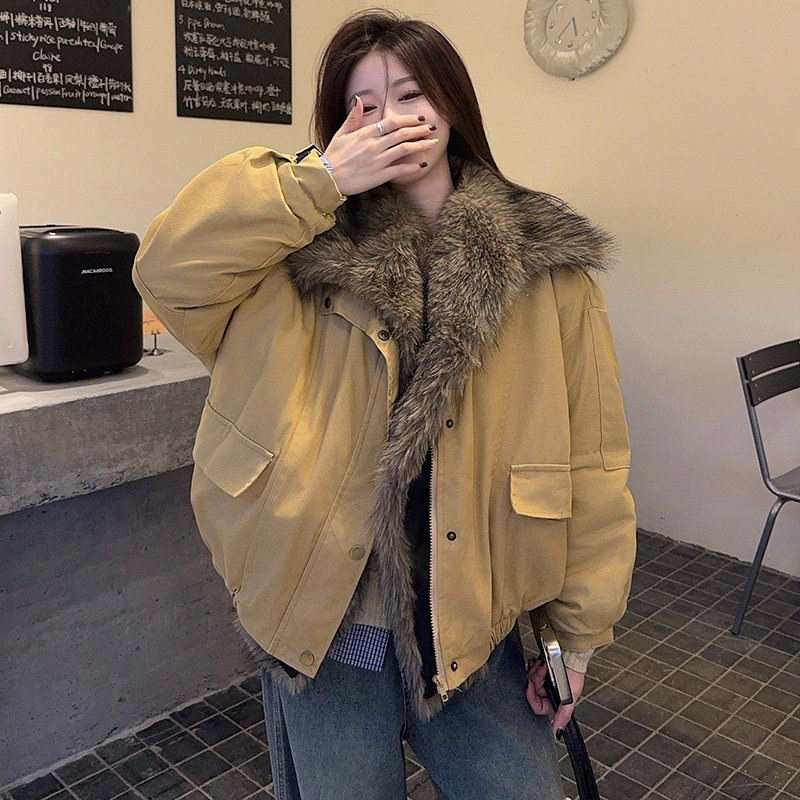 美式毛领夹克女秋冬季短款小个子上衣开衫夹棉加厚保暖棉服外套潮