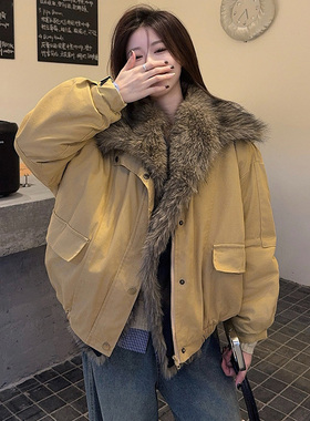 美式毛领夹克女秋冬季短款小个子上衣开衫夹棉加厚保暖棉服外套潮