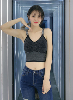 性感烫钻字母背心女辣妹紧身短款亮闪闪裹胸带胸垫纯欲风亮丝吊带