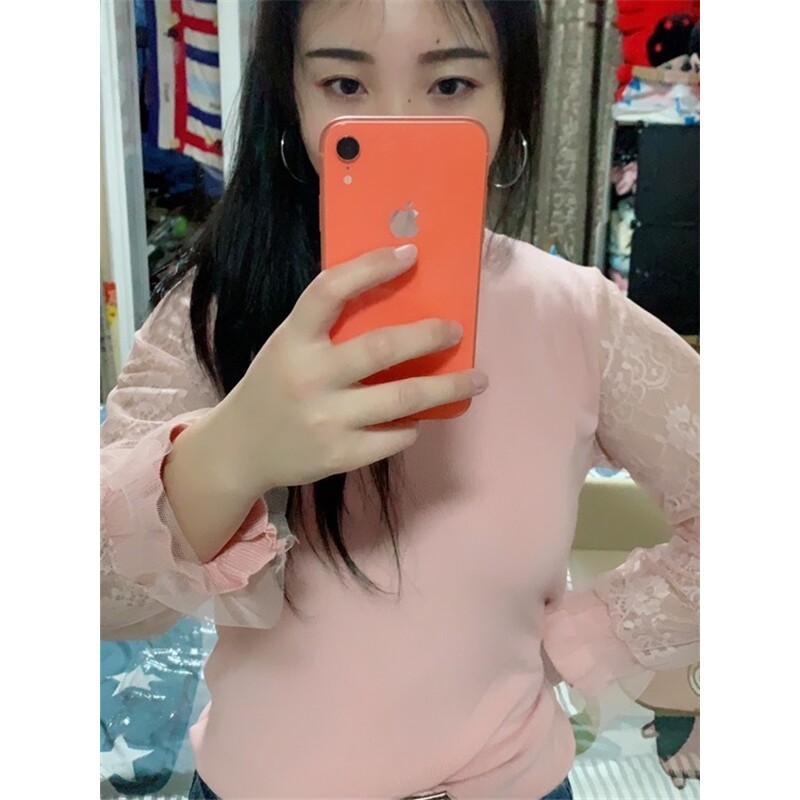 2020春秋季新款网纱针织衫毛衣宽松慵懒风上衣灯笼袖蕾丝打底衫女