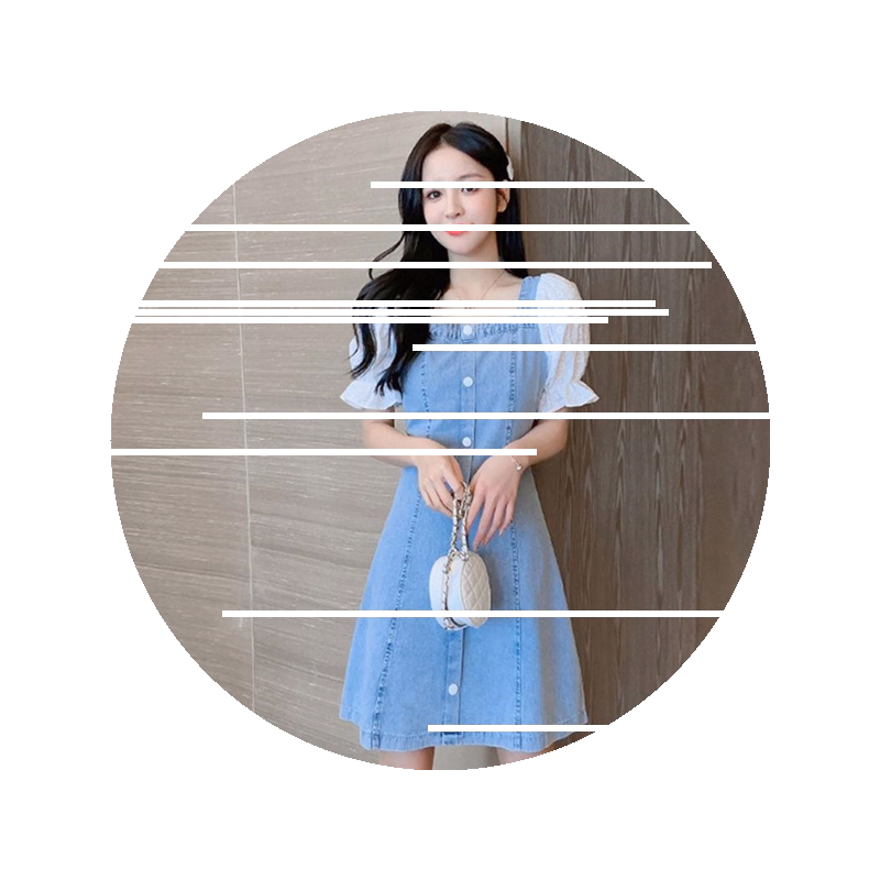 夏季牛仔连衣裙女韩版时尚显瘦蕾丝拼接方领泡泡袖中长款连衣裙女