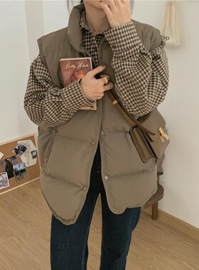 秋冬短款马甲背心羽绒棉坎肩外套女立领棉服宽松无袖面包服厚复古
