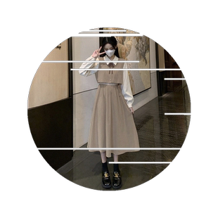 2026春款假两件长袖连衣裙女装秋冬季新款法式复古气质收腰裙子潮