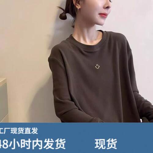 商场专柜极简风圆领长袖T恤女宽松休闲百搭减龄显瘦休闲上衣