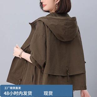 杭州意法风衣女款2025新款春秋短款小个子休闲宽松纯檰连帽外套女
