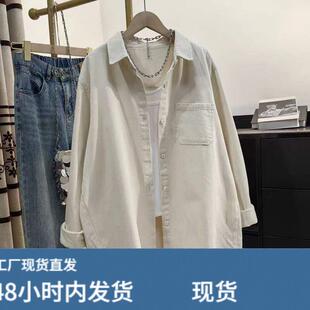 日系工装风棉质加厚衬衫外套女春新款翻领中长版显瘦百搭长袖上衣