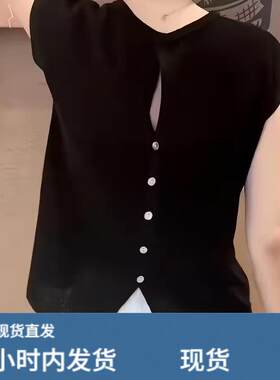 后背镂空钮扣短袖针织T恤女2026夏季新款时尚气质黑色荷叶袖上衣