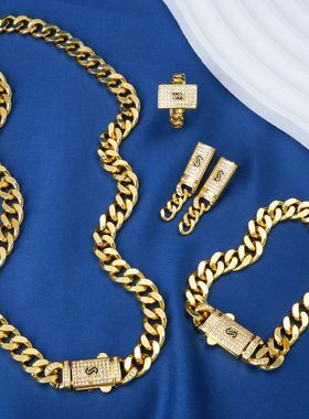 Cross border Cuban chain plated 24K gold necklace, earring,