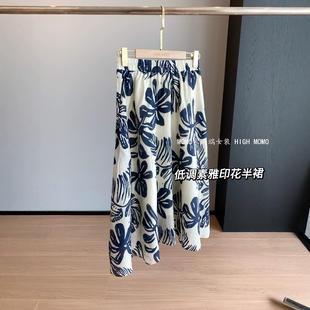 复古蓝色花朵温柔天丝亚麻半身裙小个子高腰A字伞裙 低调素雅范儿