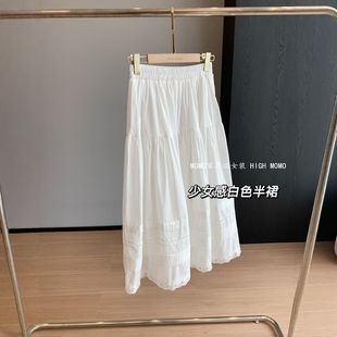 亲肤舒适全棉松紧高腰海边蕾丝边绣花中长款 甜美公主 A字半身裙女