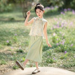 GBUBG 儿童清新绿色旗袍连衣裙夏季女童宝宝新中式改良唐装汉服薄