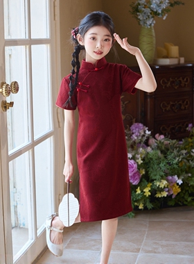 GBUBG 送考旗开得胜红色女童旗袍夏季薄款儿童新中式国风改良演出