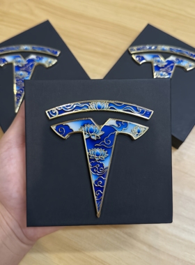 适用于特斯拉车型ModelYModel3国风珐琅彩 金属前后车标改装贴