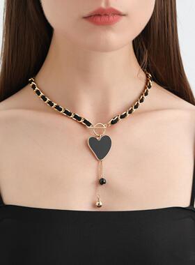 欧美跨境饰品 缠绕绒布黑色爱心贝母项链女 冷淡风锁骨链流苏项饰