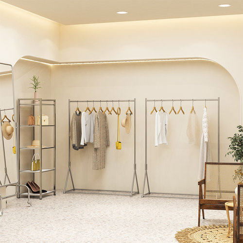 服装店展示架不锈钢拉丝挂衣杆落地式衣架男女童装店货架陈列架子