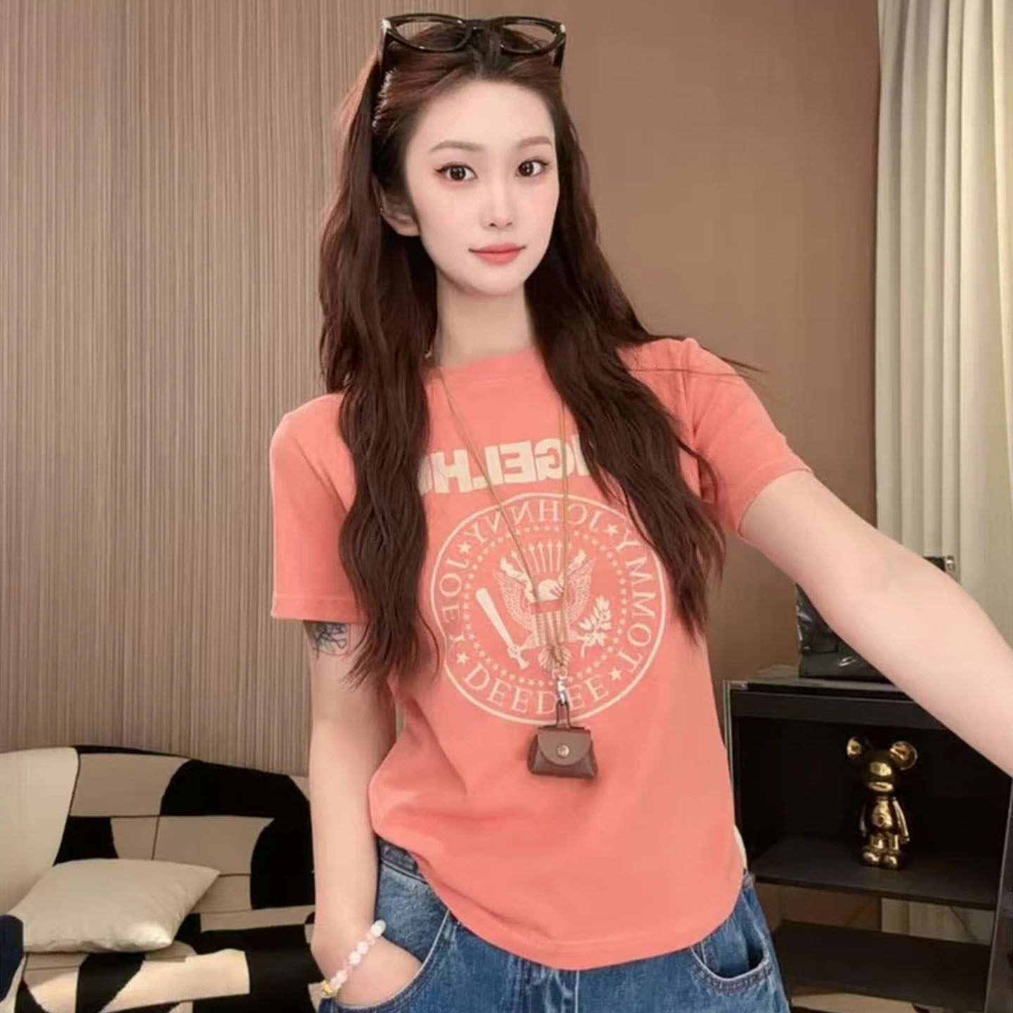 Angelhue奶橘印花短袖T恤减龄