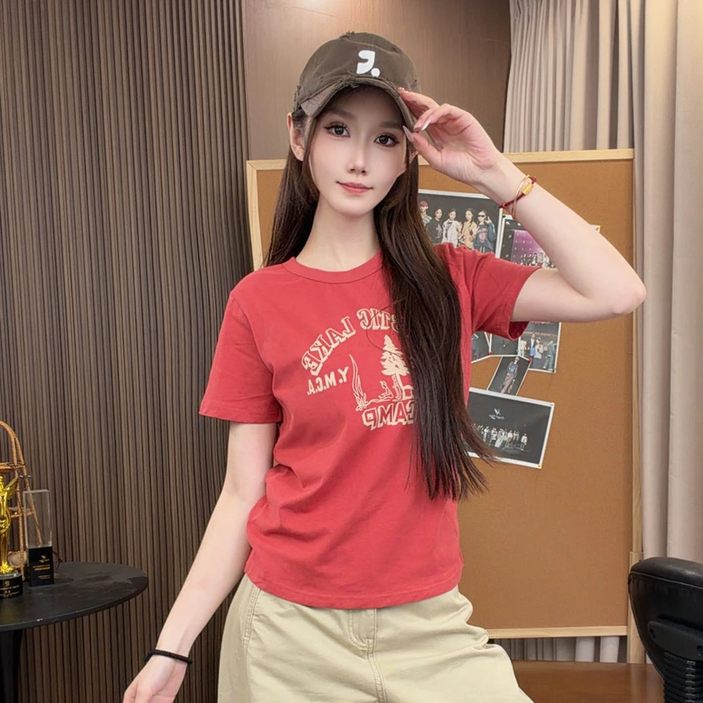 树莓红纯棉短袖美式复古印花T恤