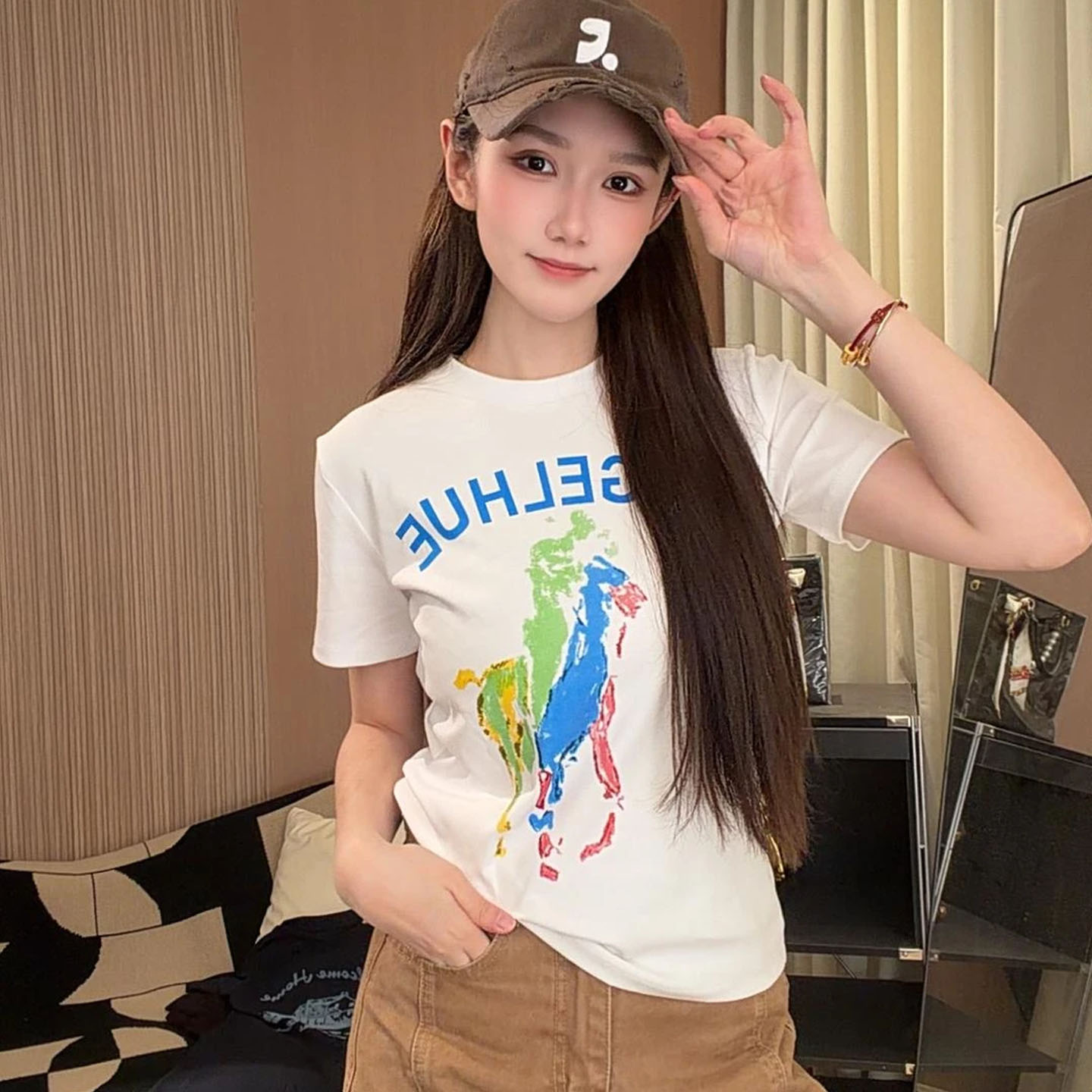 Angelhue秒变直角肩ins潮印花T恤